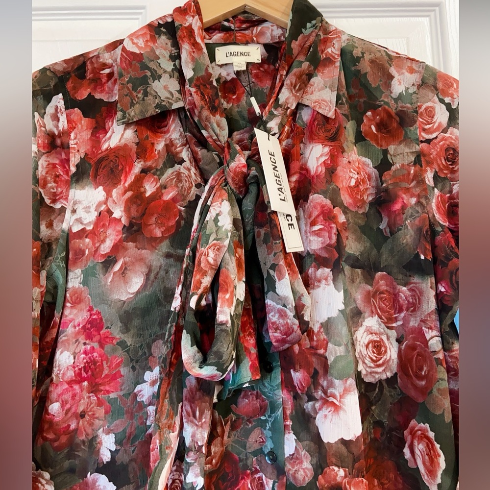 NWT L'agence Basil Floral Long Sleeve Shirt with Scarf - Picture 6 of 7
